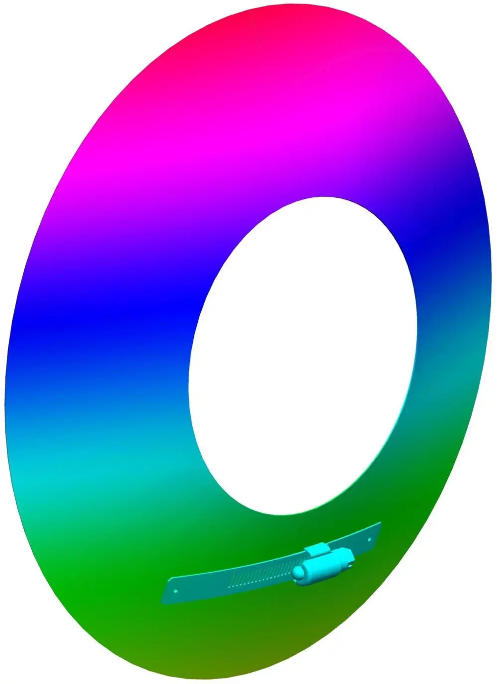 Edelstahl-Wandrosette mit gradiertem Farbverlauf in Blau, Grün und Pink sowie einem Befestigungselement. Produkt von ATEC, geeignet für verschiedene Installationen.