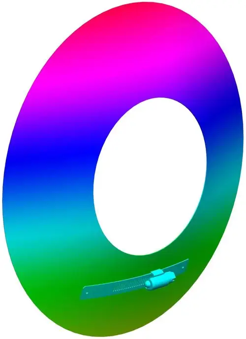Edelstahl-Wandrosette mit gradiertem Farbverlauf in Blau, Grün und Pink sowie einem Befestigungselement. Produkt von ATEC, geeignet für verschiedene Installationen.