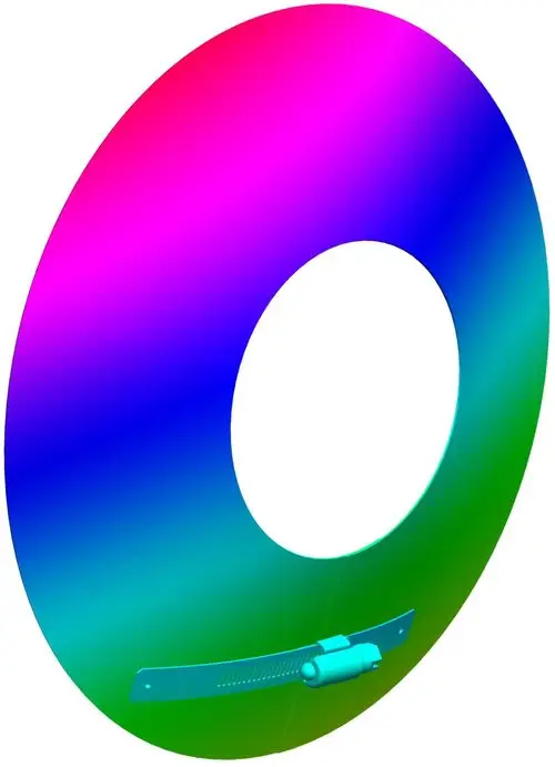 Edelstahl-Wandrosette mit buntem Farbverlauf und integrierter Düse von ATEC. Das Bild zeigt das Design und die Oberflächenstruktur des Produkts.