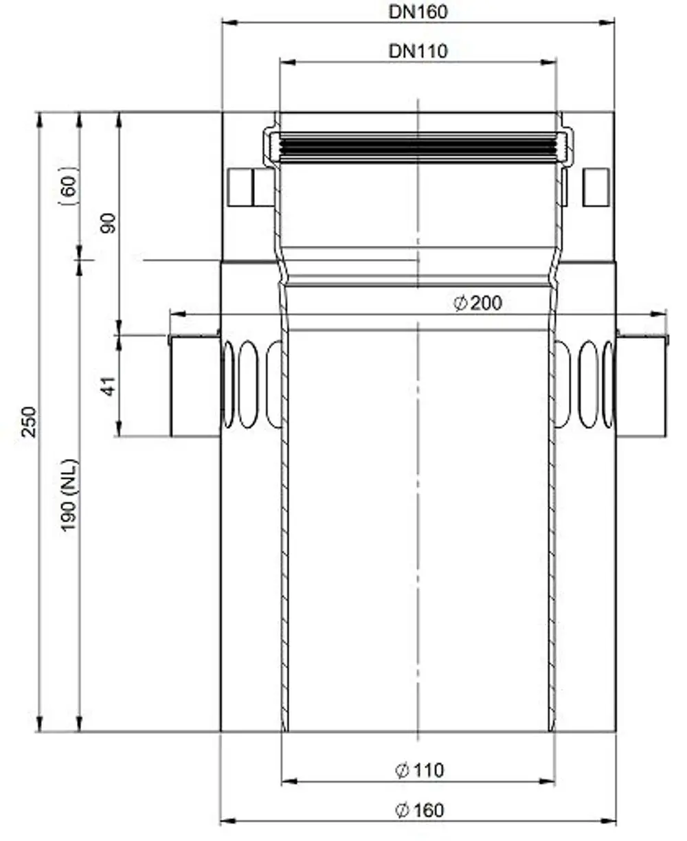 Stahlrohr mit zwei seitlichen Anschlüssen, deutlich markiert mit den Durchmessern DN110 und DN160, gefertigt von ATEC, zeigt eine einfache Bauform für Luftleitungen.