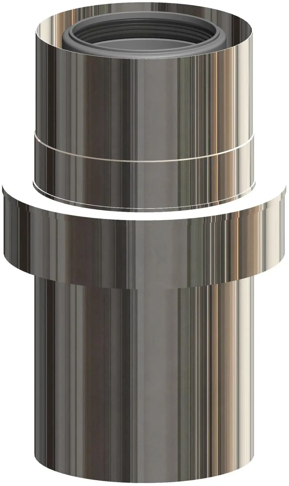 Edelstahlrohr in zylindrischer Form, mit glatter Oberfläche und Verbindungsmöglichkeit. ATEC-Produkt zur Luftzirkulation in Heizungs- oder Belüftungssystemen.