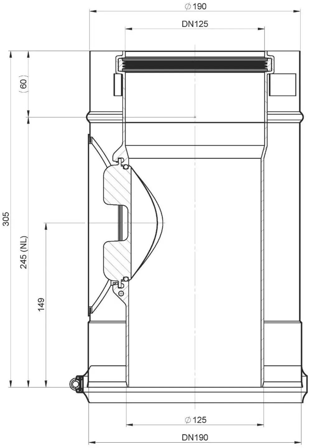 Edelstahl-Kontroll-Rohr mit zwei Anschlussöffnungen, deutlich gekennzeichnete Maße und technische Details. Produkt der Marke ATEC.