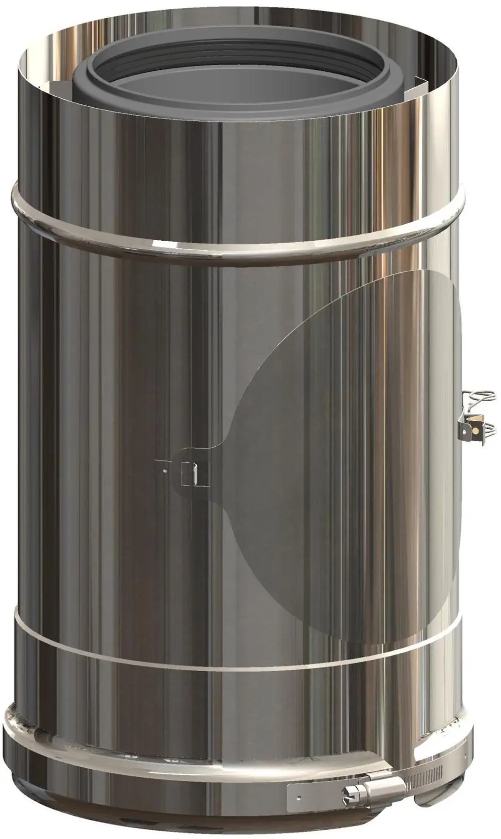 Edelstahlrohr in zylindrischer Form mit einer glatten Oberfläche und einer seitlichen Öffnung, gefertigt von ATEC. Ideal für technische Anwendungen im Rohrleitungsbau.
