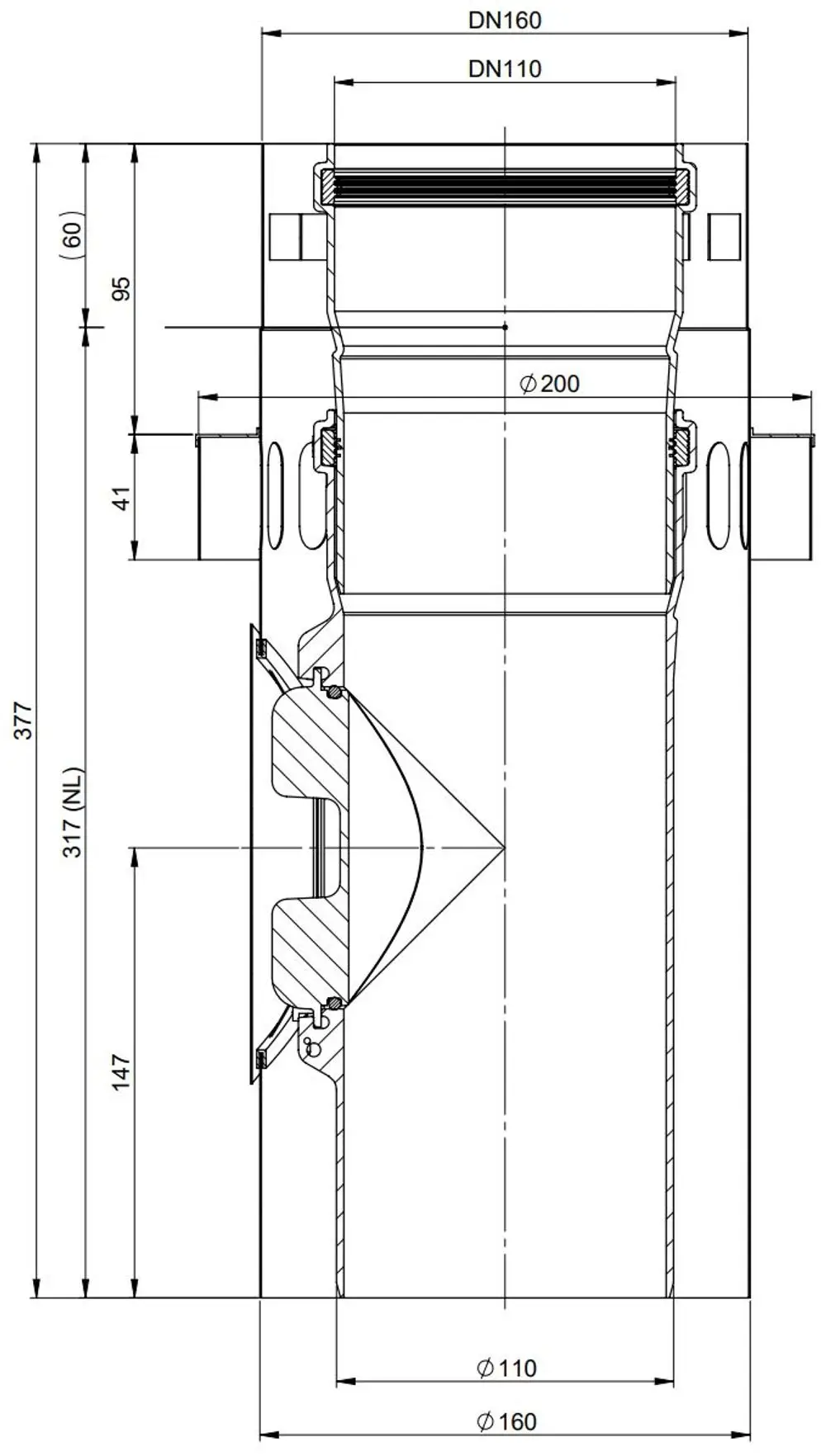 Kontroll-Rohr mit Zuluftansaugung, Edelstahl, zeigt schematische Maße und Anschlussgrößen für DN110 und DN160, gemäß ATEC Spezifikationen.