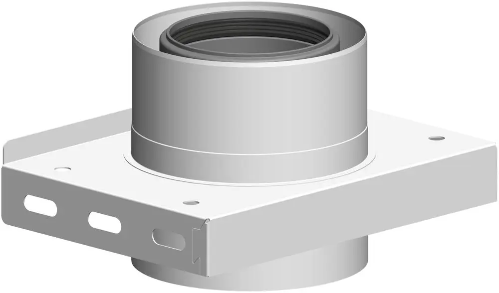 Edelstahlkonsole von ATEC, quadratische Montageplatte mit zylindrischem Anschluss, geeignet für Rohrsysteme, ohne Zuluftöffnung.