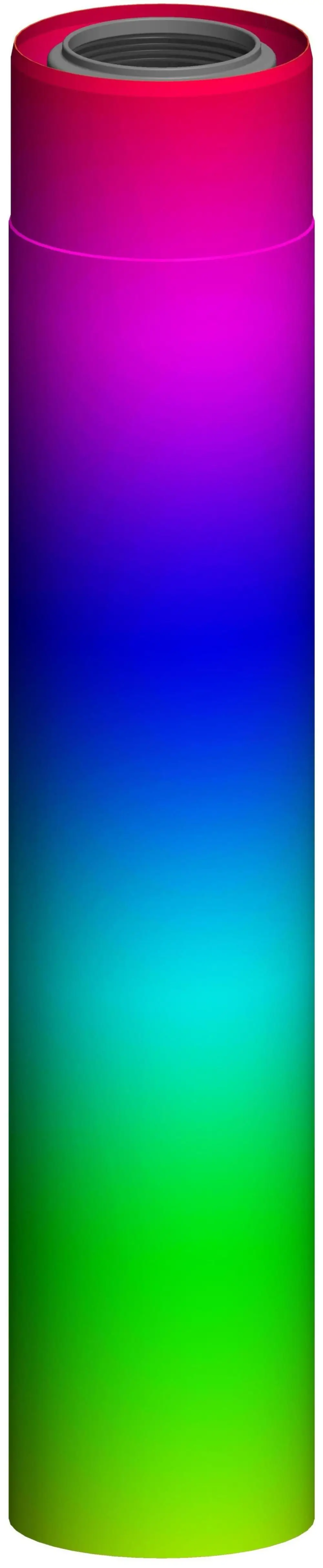 Edelstahlrohr mit Farbverlauf von Pink über Blau zu Grün, präsentiert von ATEC. Das Produkt hat eine zylindrische Form und eine glatte Oberfläche.