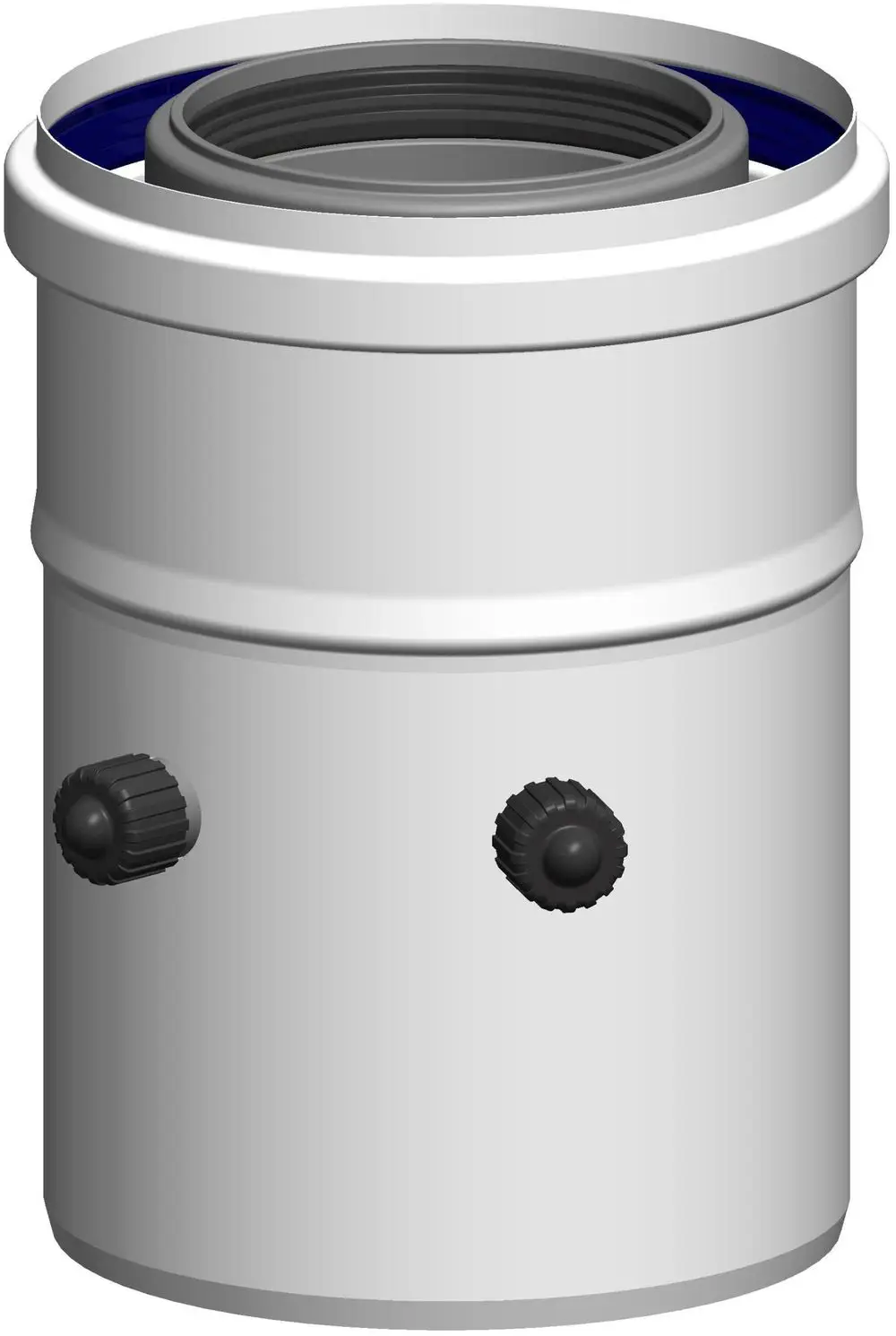 Kesselanschluss mit Messöffnung, gerade Form, in silberner Ausführung. Hersteller ATEC, zwei schwarze Einstellknöpfe an der Seite sichtbar.