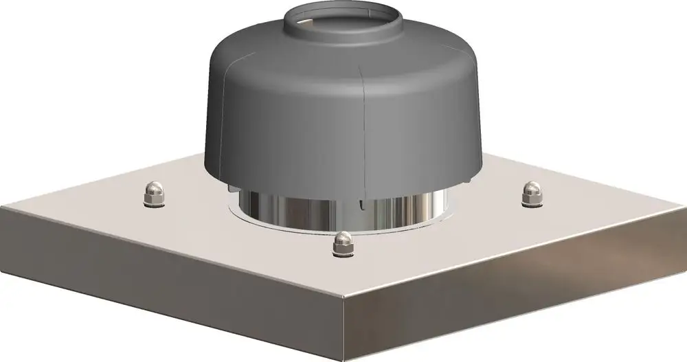 Abdeckplatte mit einem runden, grauen Deckel auf einer quadratischen Metallbasis, hergestellt von ATEC, für die Verwendung in Schächten.