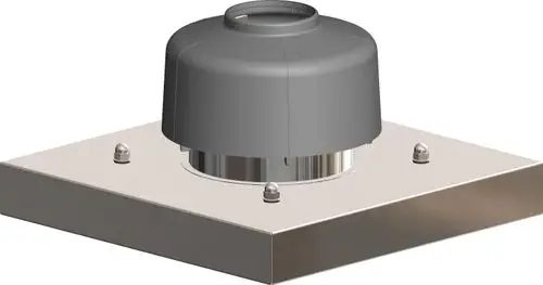 Abdeckplatte mit einem runden, grauen Deckel auf einer quadratischen Metallbasis, hergestellt von ATEC, für die Verwendung in Schächten.