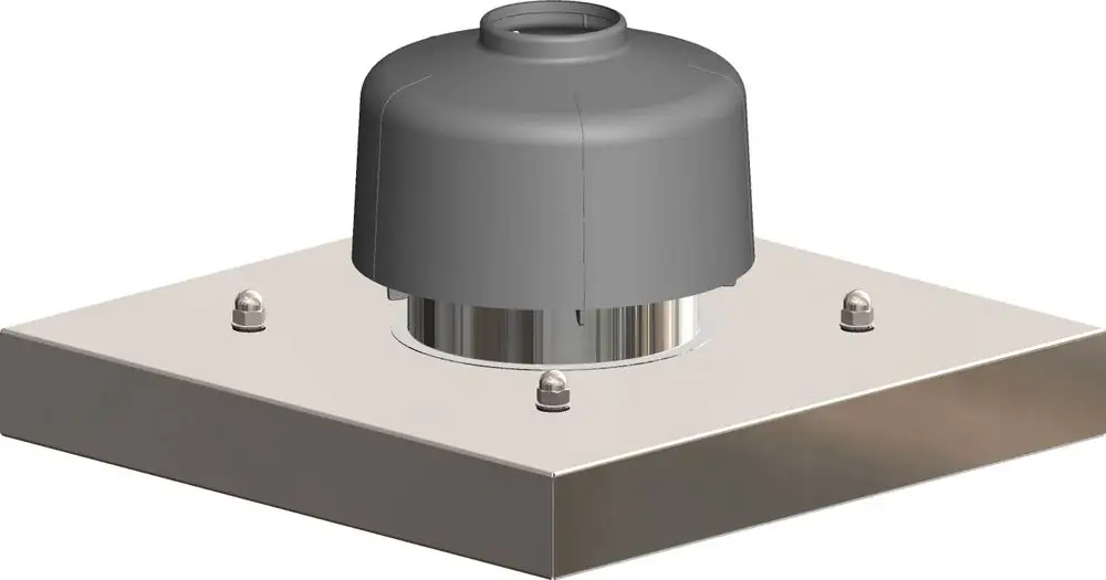 Kopfverkleidung mit grauem Deckel und metallischer Basis, hergestellt von ATEC. Geeignet für Installationen im Bereich von Schächten oder ähnlichen Anwendungen.
