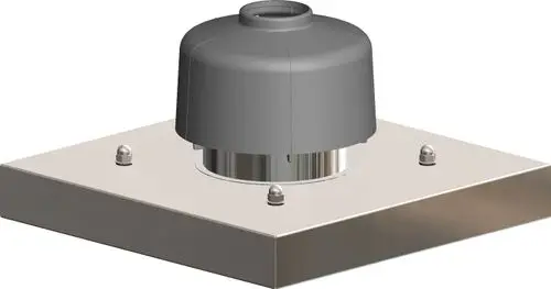 Kopfverkleidung mit grauem Deckel und metallischer Basis, hergestellt von ATEC. Geeignet für Installationen im Bereich von Schächten oder ähnlichen Anwendungen.