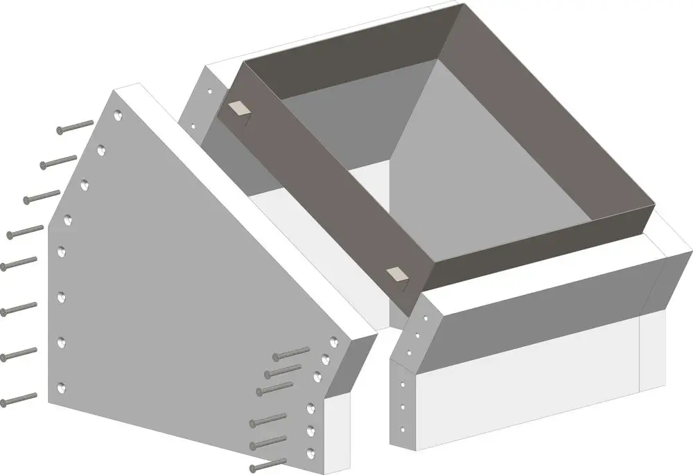 ATEC Schachtwinkel mit einseitig offenem Design, L-förmig, zur Verbindung von Bauteilen. Darstellung einer Montageansicht mit Schraubenlöchern.
