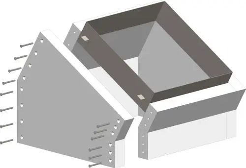 ATEC Schachtwinkel mit einseitig offenem Design, L-förmig, zur Verbindung von Bauteilen. Darstellung einer Montageansicht mit Schraubenlöchern.