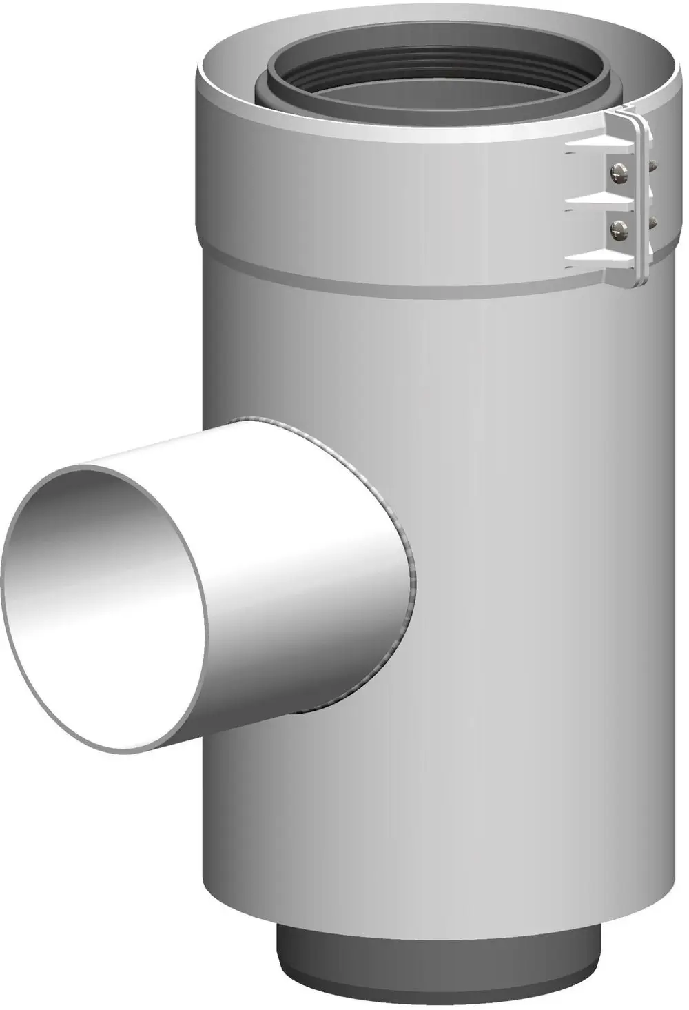 Zuluftstutzen in neutraler Farbe mit einem seitlichen Anschluss. Befestigungsschelle inklusive. Produkt von ATEC.