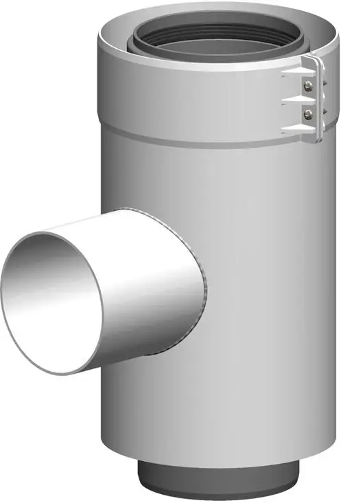 Zuluftstutzen in neutraler Farbe mit einem seitlichen Anschluss. Befestigungsschelle inklusive. Produkt von ATEC.