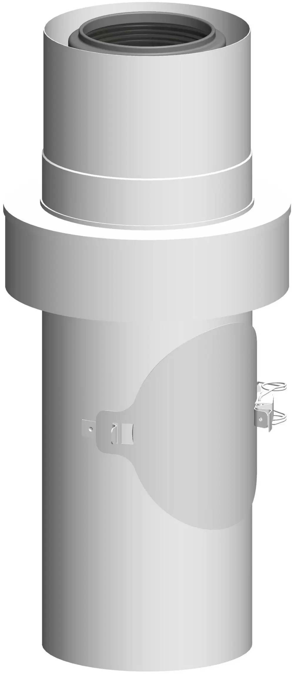 Kontrollrohr mit Zuluftansaugung von ATEC, zylindrische Form in weißer Beschichtung, mit seitlichem Zugang und Verbindungselementen zur Installation.