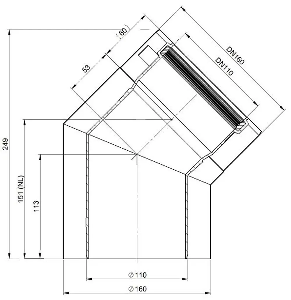 Edelstahl-Bogen mit 45°-Winkel und verschiedenen Anschlussgrößen. Produkt von ATEC, geeignet für Abwasser- und Entlüftungssysteme.