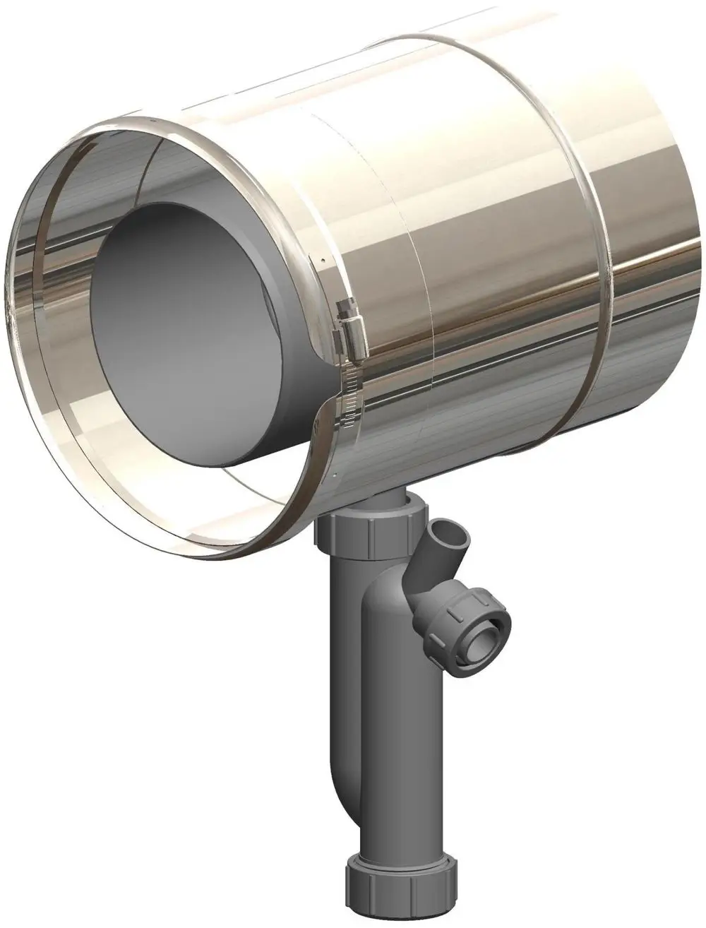 Kondensatablauf mit Siphon aus Edelstahl von ATEC. Das Produkt zeigt eine glänzende Oberfläche und eine anschlussfähige Rohrleitung.