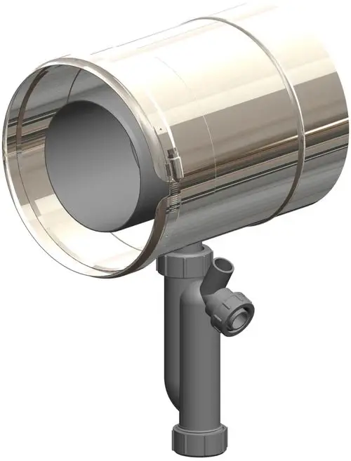 Kondensatablauf mit Siphon aus Edelstahl von ATEC. Das Produkt zeigt eine glänzende Oberfläche und eine anschlussfähige Rohrleitung.