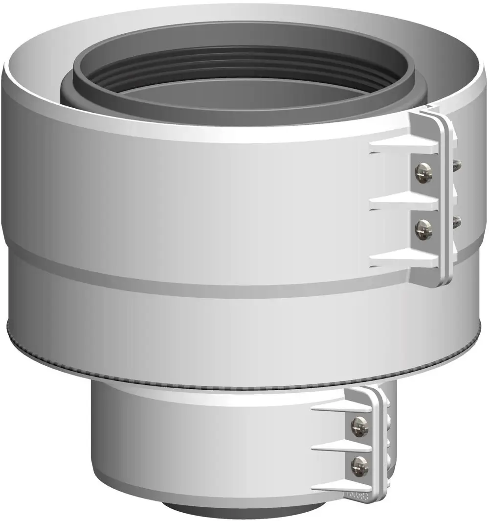 Erweiterungsstück aus grauem Kunststoff mit mehreren Ringen, ausgestattet mit Befestigungsschelle, von ATEC, zur Verbindung von Rohren in Lüftungs- oder Heizsystemen.