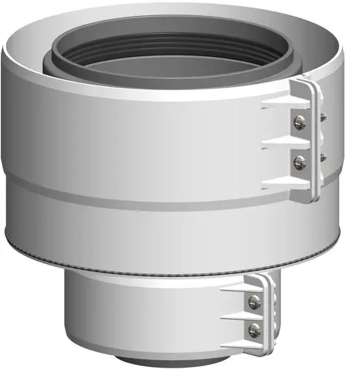 Erweiterungsstück aus grauem Kunststoff mit mehreren Ringen, ausgestattet mit Befestigungsschelle, von ATEC, zur Verbindung von Rohren in Lüftungs- oder Heizsystemen.