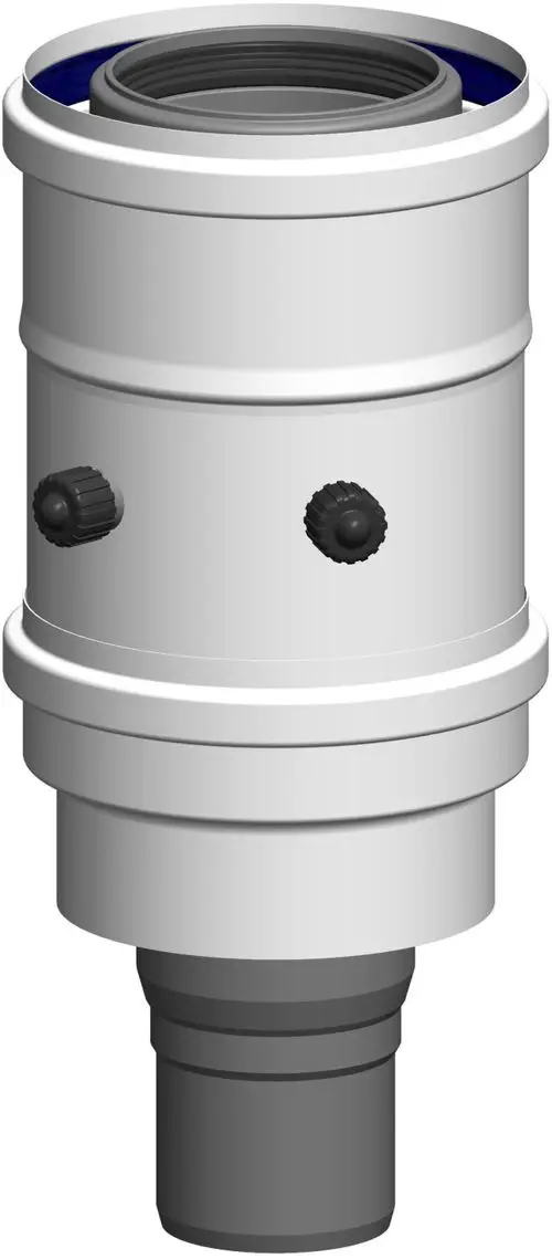 Atec-Produktelement mit zwei Stellknöpfen und einem montierten Anschluss an der Unterseite, geeignet für Kesselanschlüsse und Rohrsysteme.