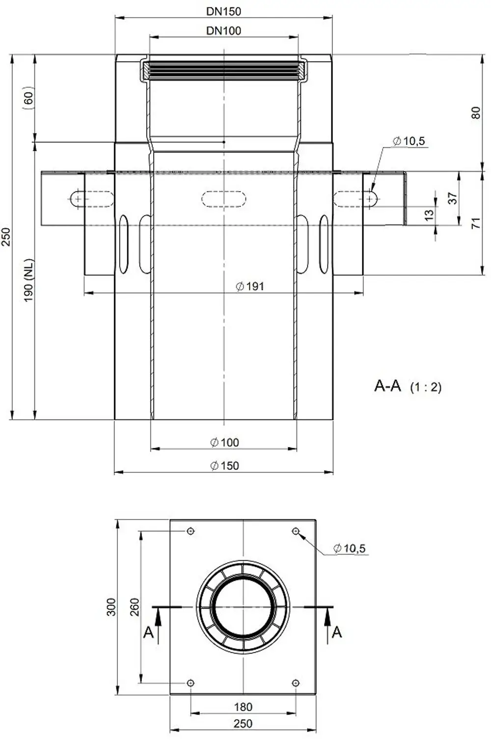 Zwischenkonsole aus Edelstahl mit Zuluftöffnung für DN100 und DN150. Produkt von ATEC, geeignet für Lüftungssysteme. Technische Zeichnung mit Maßen dargestellt.