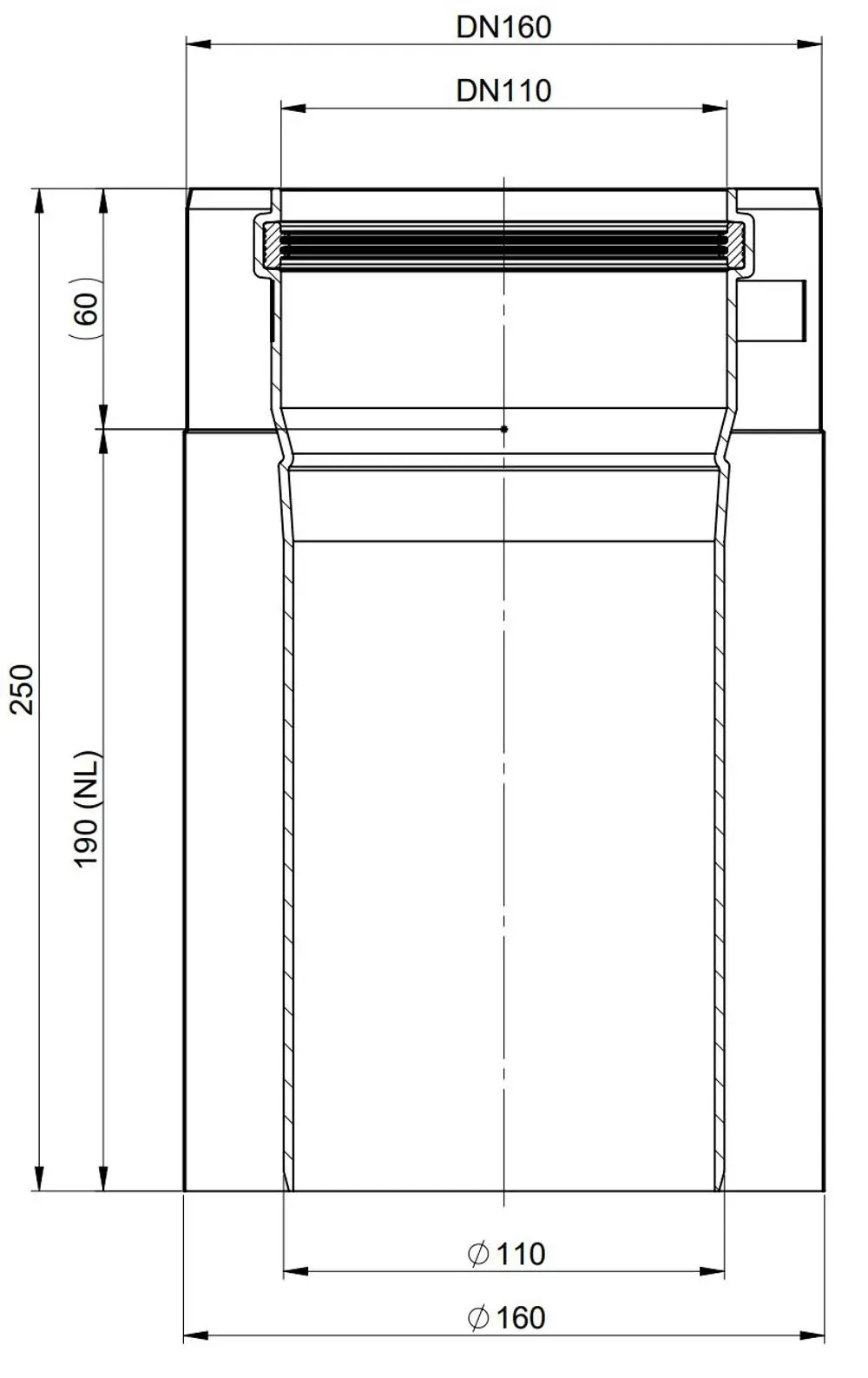 Rohrelement aus Edelstahl, mit zwei Anschlussduktoren, einer für DN110 und einer für DN160, gekennzeichnet mit 190mm. Produkt von ATEC.