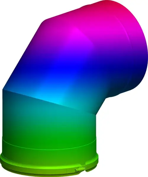 Bogen aus Edelstahl mit einem Farbverlauf von Blau zu Grün, präsentiert von ATEC, in einer 87-Grad-Winkelgestaltung. Ideal für Rohrleitungen in industriellen Anwendungen.