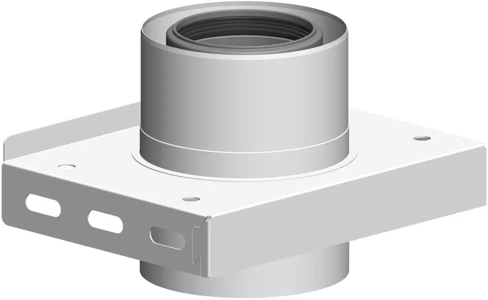 Weißes Bauteil mit zylindrischem Anschluss und flacher Grundplatte, möglicherweise eine Verbindungskonsole von ATEC für Lüftungs- oder Heizsysteme.