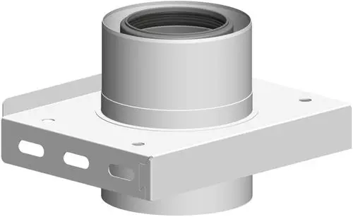 Weißes Bauteil mit zylindrischem Anschluss und flacher Grundplatte, möglicherweise eine Verbindungskonsole von ATEC für Lüftungs- oder Heizsysteme.