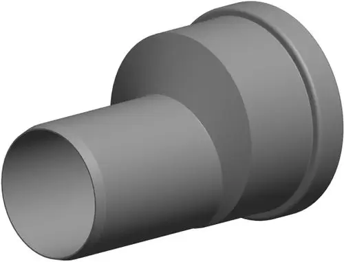Graue Kunststofferweiterung mit einem durchgehenden Rohr und einer exzentrischen Form, produziert von ATEC. Ideal für Rohrsysteme und flexible Installationen.