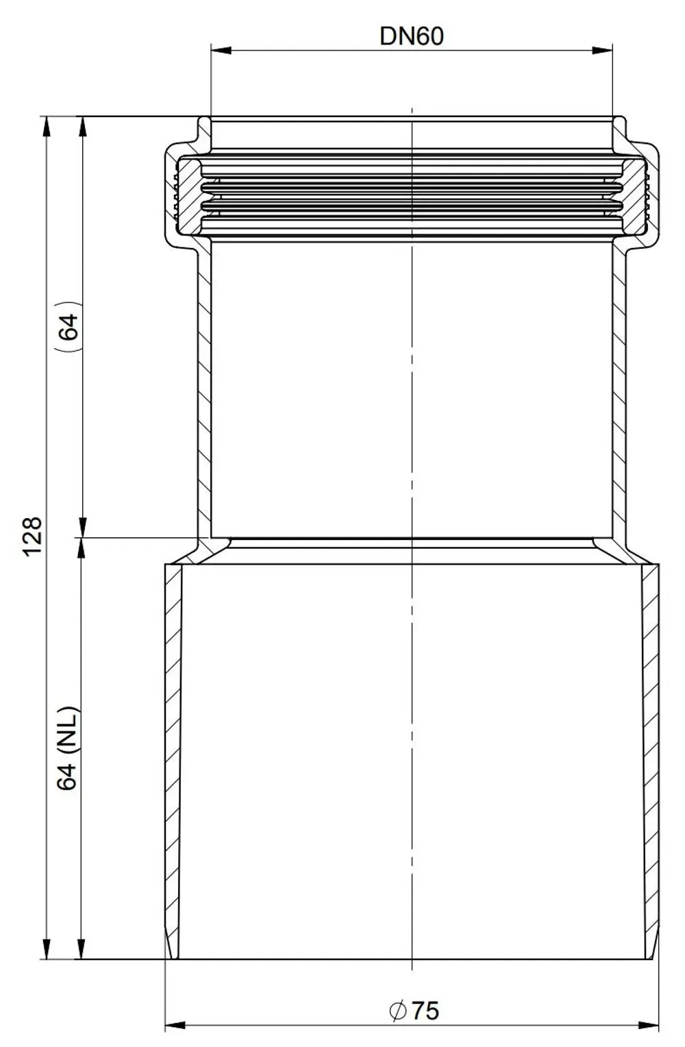Technisches Diagramm einer zentrischen Reduktion mit einer oberen Öffnung und Anschluss für Befestigungsschelle, gefertigt von ATEC. Maße sind klar ersichtlich.