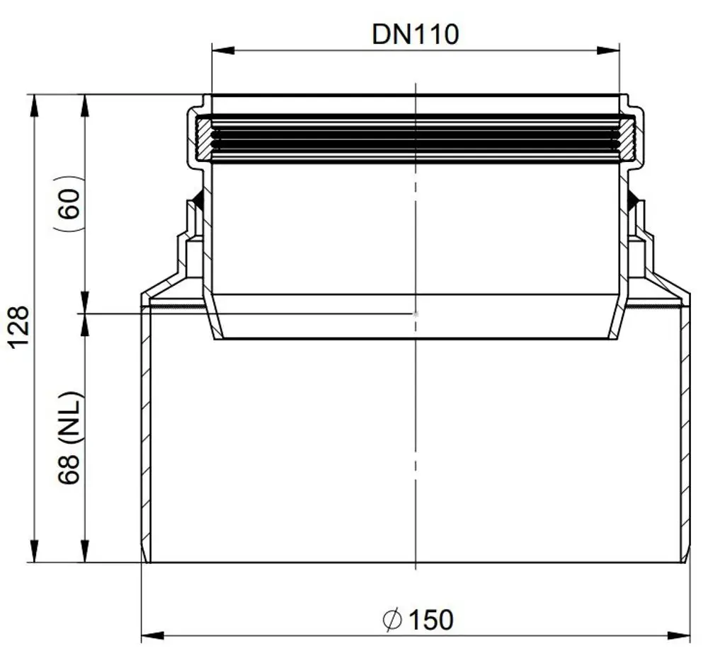 Zentrische Reduktion von ATEC mit einem Anschluss von DN110 auf D150, dargestellt in einem technischen Diagramm mit Maßangaben zur Produktdimensionierung.