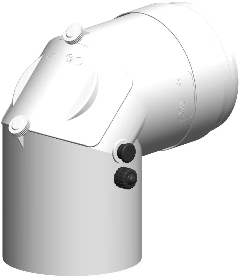 Weißer Kontrollbogen mit Messöffnungen, gebogen, mit verschiedenen Einstellungen. Produkt von ATEC, geeignet für DN80/125 Anwendungen.