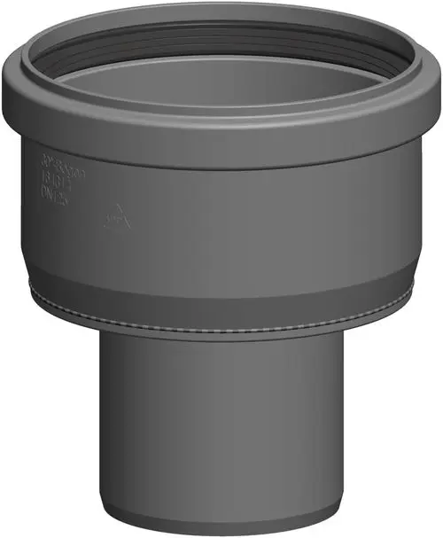Zentrisches, graues Reduktionsstück mit verschiedenen Durchmessern. Produkt von ATEC, geeignet für Rohrverbindungen in der Haustechnik.