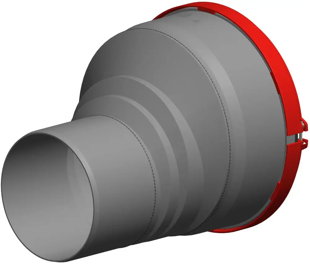 Exzentrisches Verbindungsstück von ATEC, graues Material mit roten Elementen, zur Anwendung in Rohrleitungssystemen. Kann für unterschiedliche Durchmesser verwendet werden.