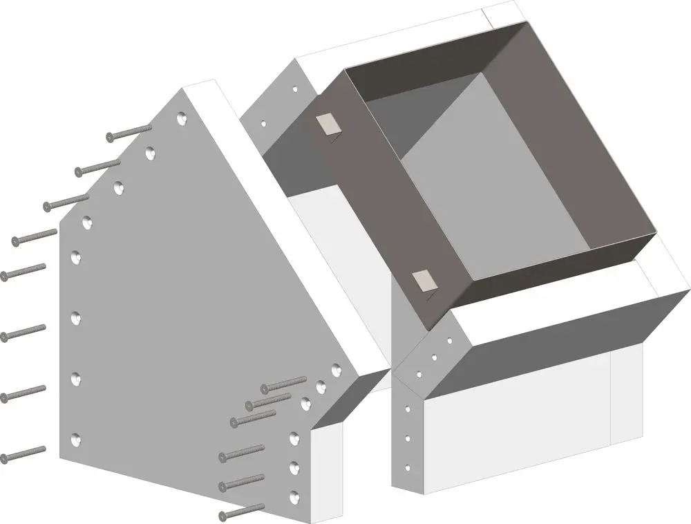 ATEC Schachtwinkel in L-Form, einseitig offen, bestehend aus zwei Metallteilen mit Verbindungsbohrungen zur Montage.