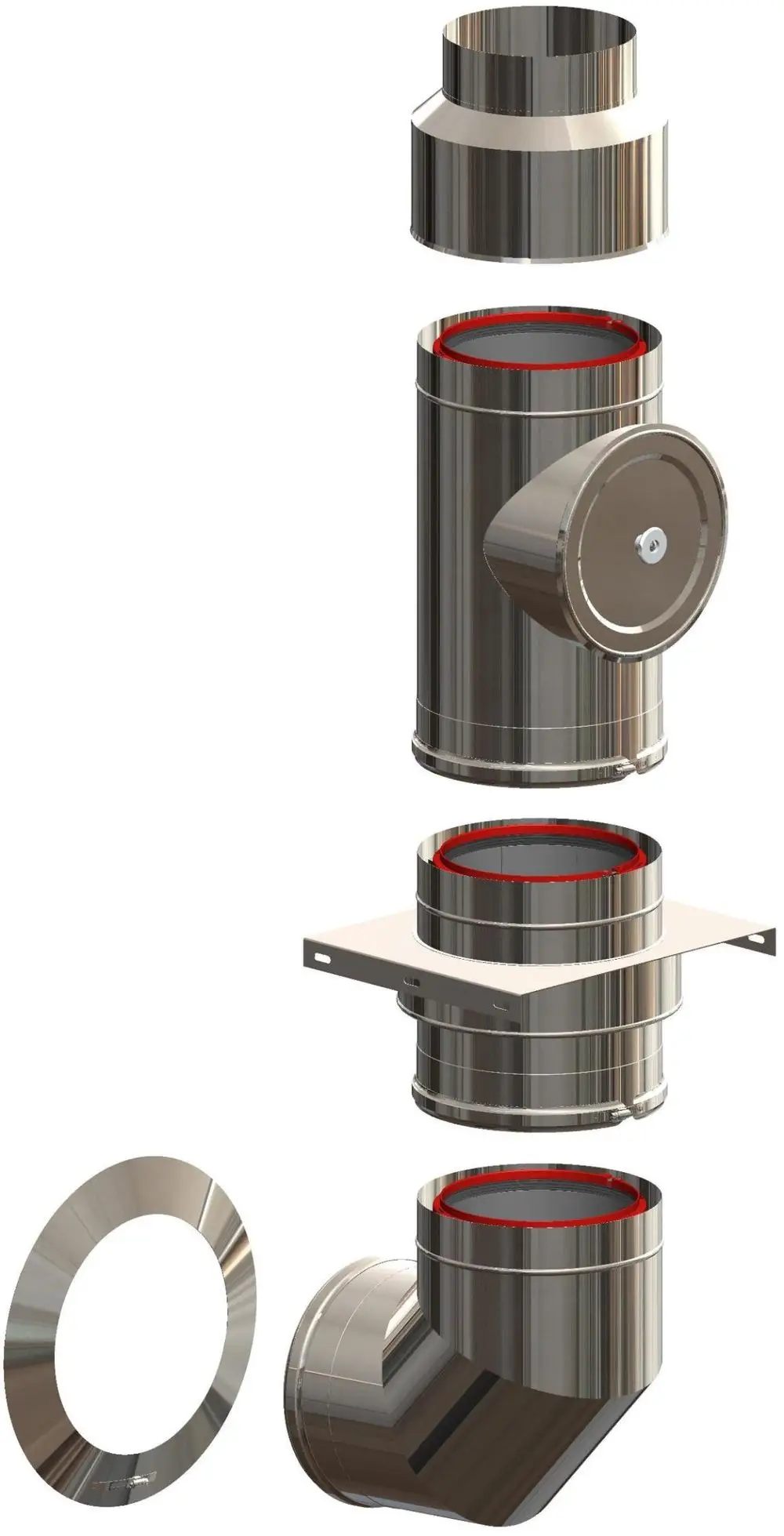 ATEC Basis-Set für Außenwände mit mehreren Verbindungsteilen, einschließlich eines geraden Stücks, eines Winkels und einer Montageplatte, aus glänzendem Material.