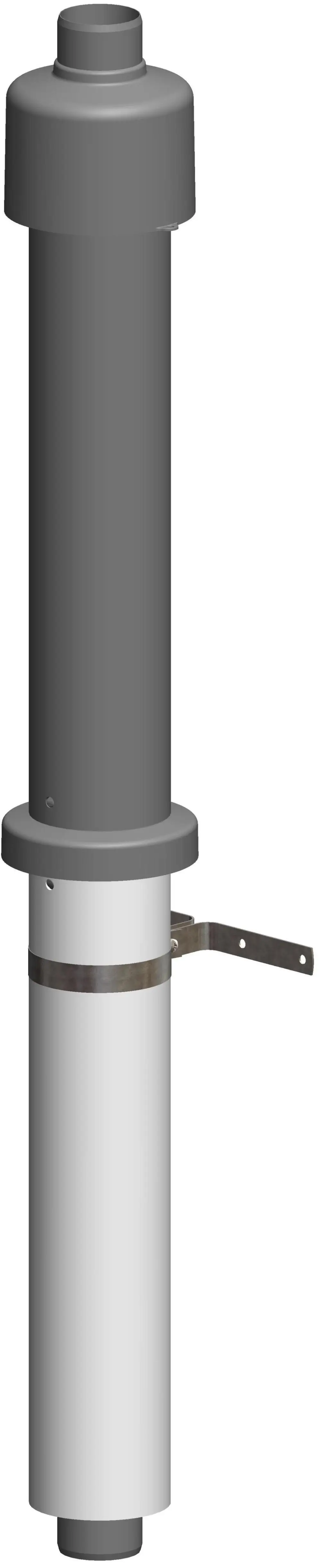 Dachhochführung in Schwarz von ATEC, zylindrische Form, mit einem oberen Anschluss und einem unteren Schachtadapter, montiert mit einem Metallband.