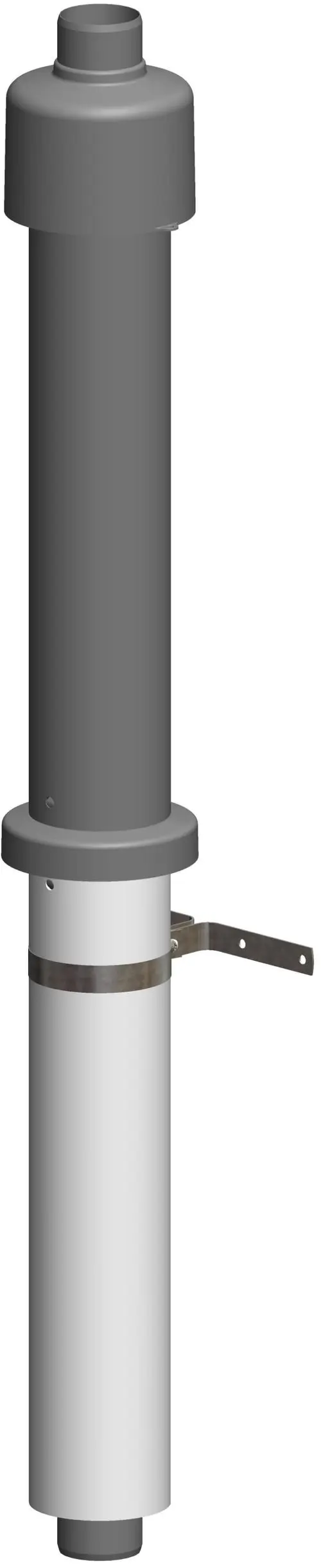 Dachhochführung in Schwarz von ATEC, zylindrische Form, mit einem oberen Anschluss und einem unteren Schachtadapter, montiert mit einem Metallband.