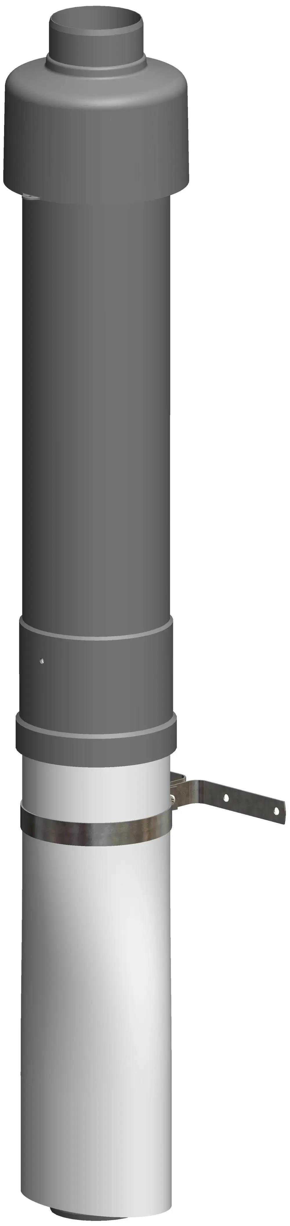 ATEC-Produktionsteil, zylindrische Form in grauer und silberner Farbe, mit einer Halterung zur Befestigung. Einsatz in Abluftsystemen oder ähnlichen Anwendungen.