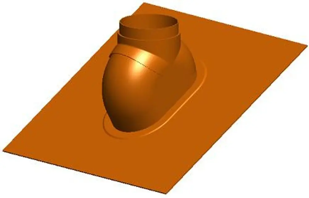 Redesigned Element mit abgewinkeltem Ende, das für Dachabdeckungen geeignet ist. Hergestellt von ATEC, auf einer rechteckigen Grundfläche platziert.