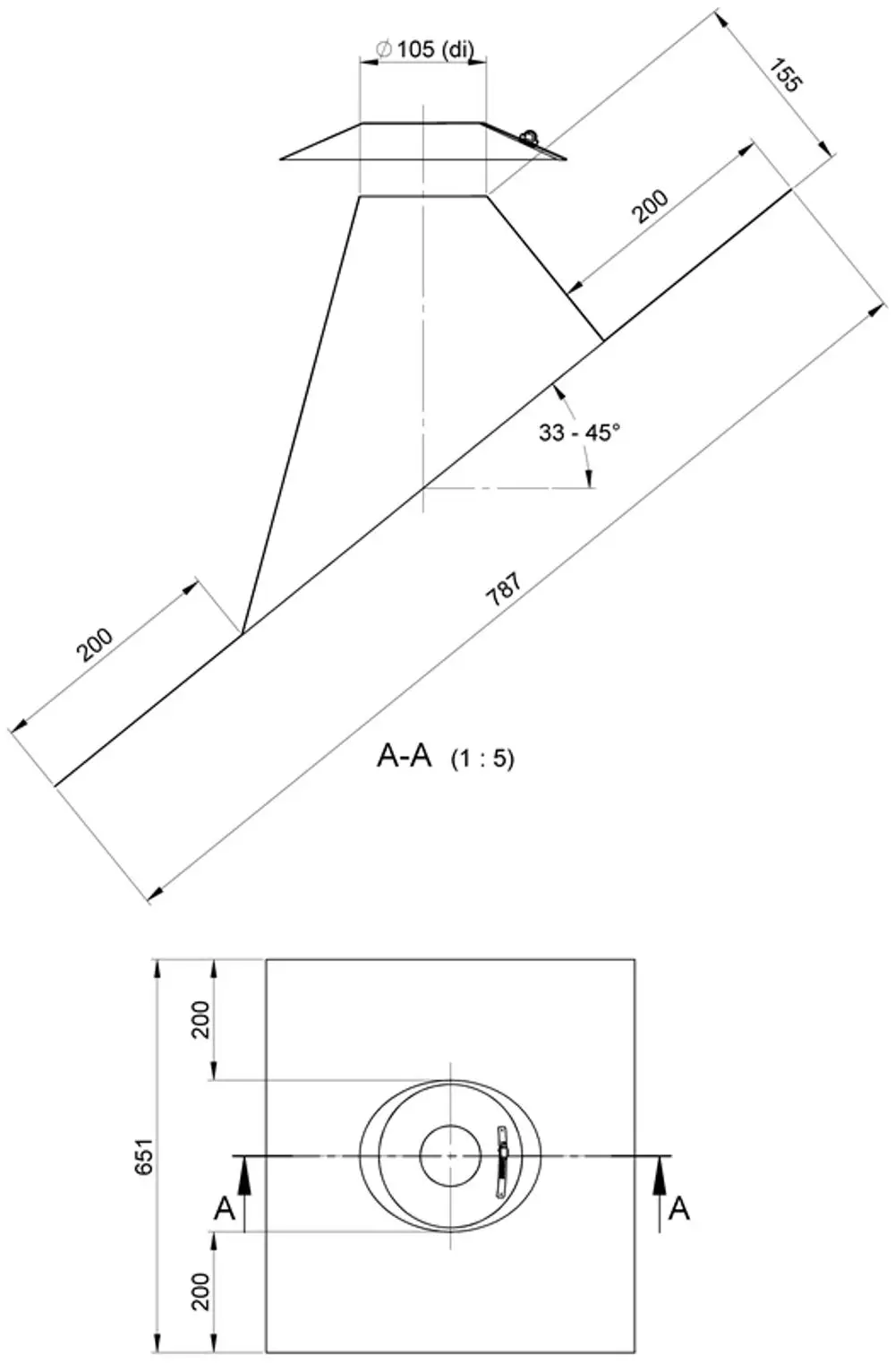 Dachdurchführung mit konisch geformtem Körper und oberem Kragen. Geeignet für DN60/100 Rohre. ATEC Produkt, Maßstab 1:5, mit Neigungswinkel von 33 bis 45 Grad.