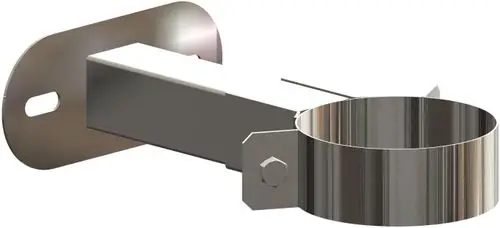 Edelstahl-Wandabstandhalter von ATEC mit einer runden Halterung. Das Produkt ist geformt für die Befestigung an Wänden und zur Unterstützung von Rohren oder anderen Elementen.