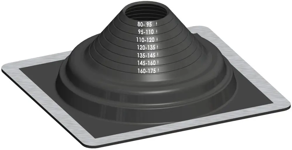 Flexibles Flachdachsystem von ATEC mit kuppelförmigem Element und verschiedenen Durchmesserangaben zur Anpassung an Rohrleitungen.