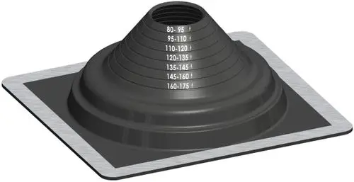 Flexibles Flachdachsystem von ATEC mit kuppelförmigem Element und verschiedenen Durchmesserangaben zur Anpassung an Rohrleitungen.