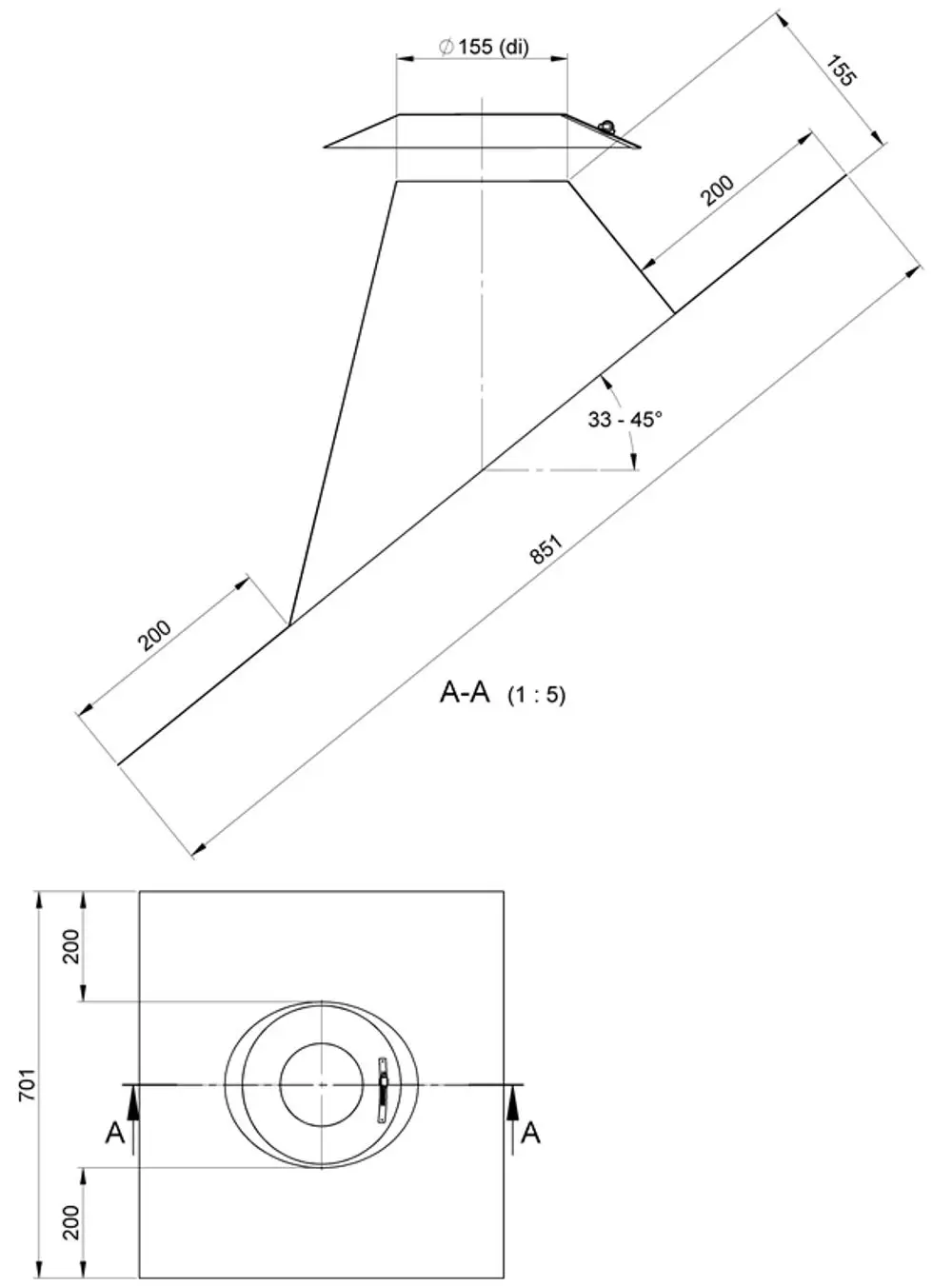 Dachdurchführung aus Edelstahl mit konischem Design, geeignet für 32-45 Grad Neigung, dargestellt in technischen Zeichnungen von ATEC.