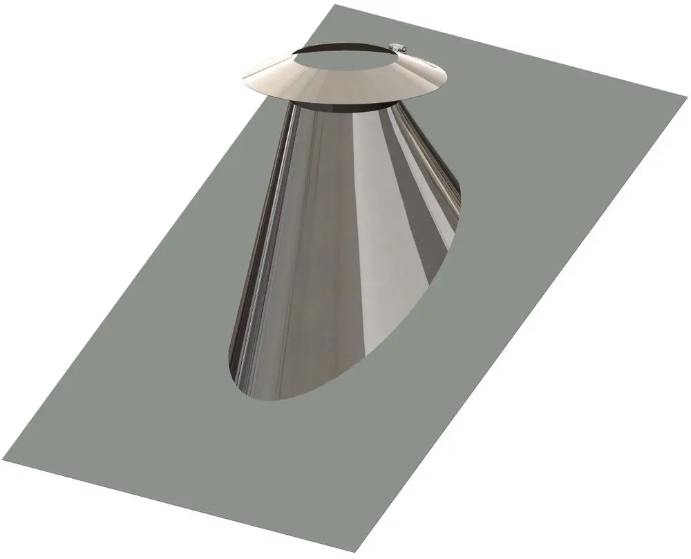 Dachdurchführung aus Edelstahl mit einem konischen Design, montiert auf grauem Untergrund. Produkt von ATEC für die Verwendung bei Dächern mit geneigten Flächen.