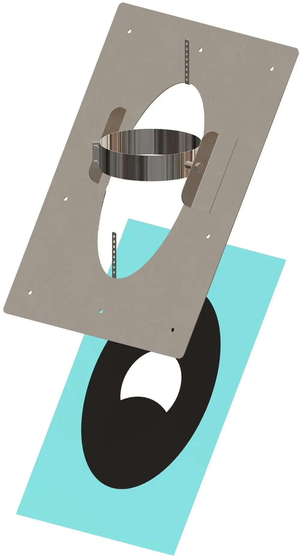 Montageplatte aus Metall mit ringsförmigem Verschluss und Öffnungen, präsentiert auf einem blauen Hintergrund. Produkt der Marke ATEC zur sicheren Installation.